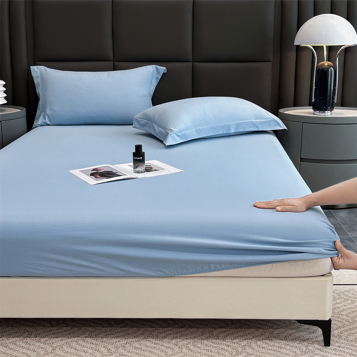 91家纺网 家纺一手货源 找家纺 慕木家纺 2026新款A类纯色印花慕丝棉床笠系列（抽空压缩可供跨境）（提供买家秀） 宾利蓝