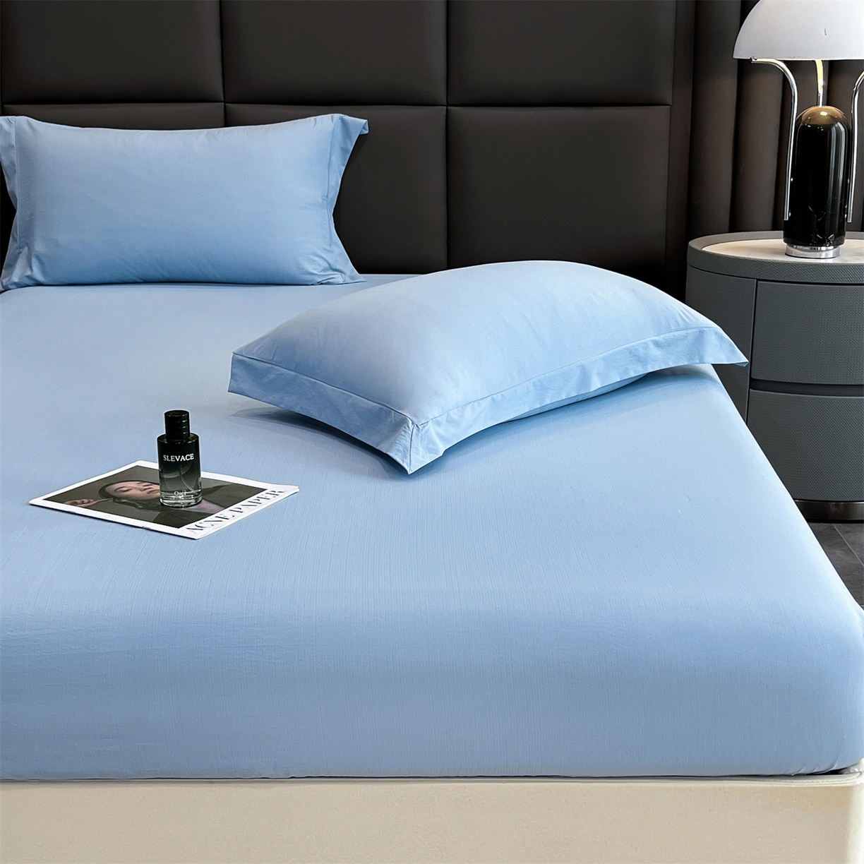 91家纺网 家纺一手货源 找家纺 慕木家纺 2026新款A类纯色印花慕丝棉床笠系列（抽空压缩可供跨境）（提供买家秀） 宾利蓝