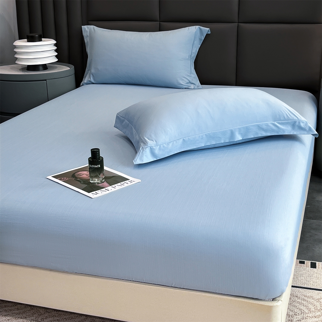 91家纺网 家纺一手货源 找家纺 慕木家纺 2026新款A类纯色印花慕丝棉床笠系列（抽空压缩可供跨境）（提供买家秀） 宾利蓝