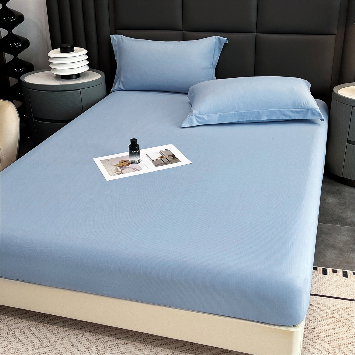 91家纺网 家纺一手货源 找家纺 慕木家纺 2026新款A类纯色印花慕丝棉床笠系列（抽空压缩可供跨境）（提供买家秀） 宾利蓝