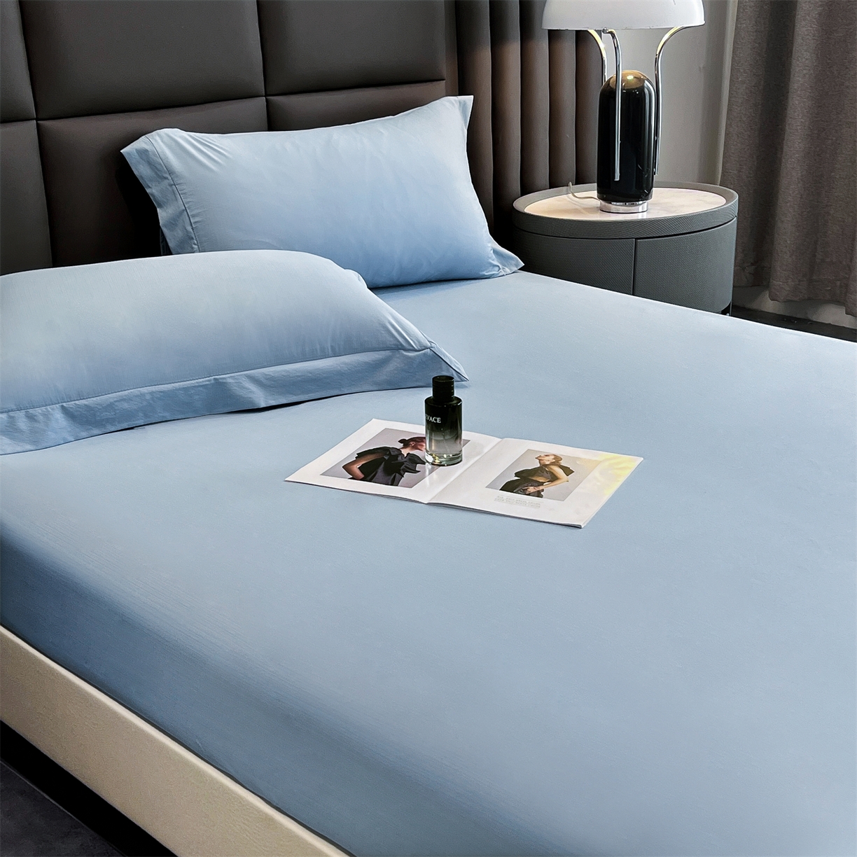 91家纺网 家纺一手货源 找家纺 慕木家纺 2026新款A类纯色印花慕丝棉床笠系列（抽空压缩可供跨境）（提供买家秀） 宾利蓝