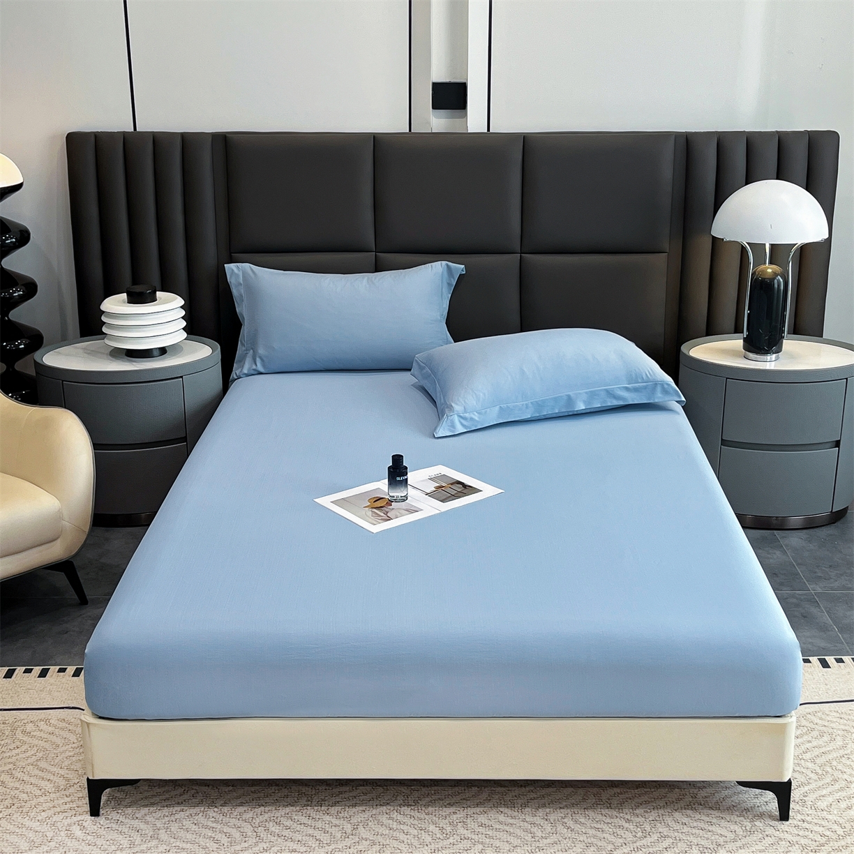 91家纺网 家纺一手货源 找家纺 慕木家纺 2026新款A类纯色印花慕丝棉床笠系列（抽空压缩可供跨境）（提供买家秀） 宾利蓝