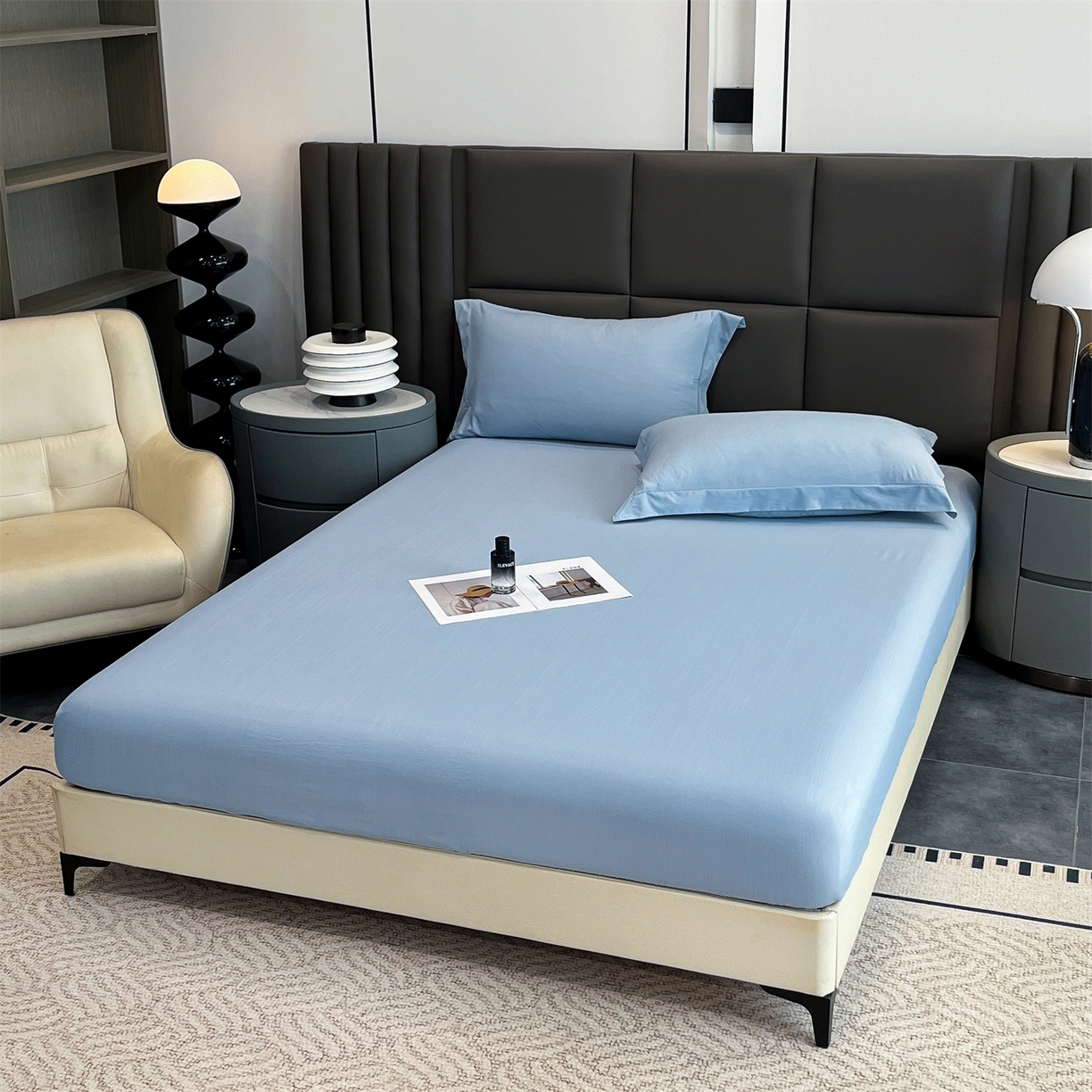 91家纺网 家纺一手货源 找家纺 慕木家纺 2026新款A类纯色印花慕丝棉床笠系列（抽空压缩可供跨境）（提供买家秀） 宾利蓝