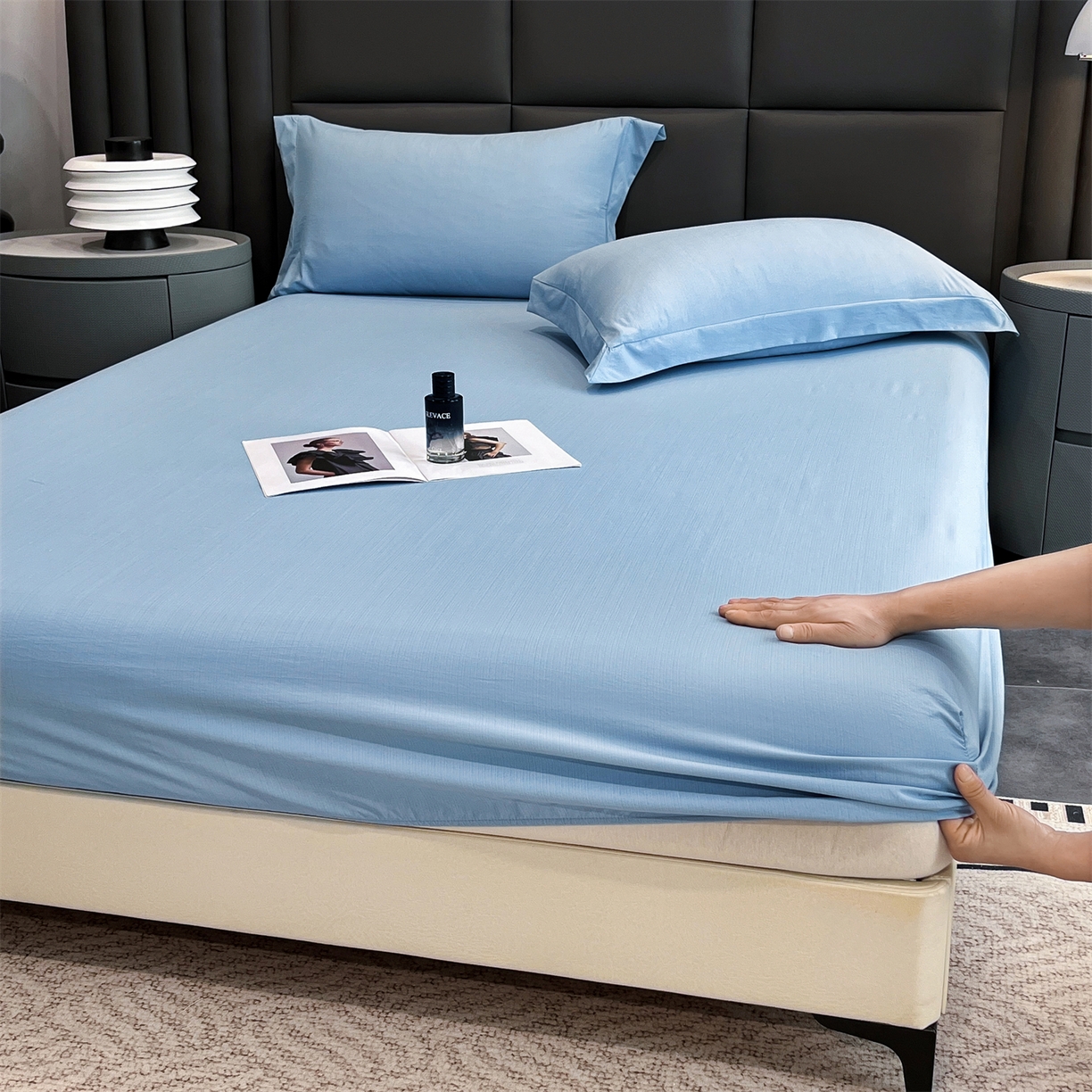 91家纺网 家纺一手货源 找家纺 慕木家纺 2026新款A类纯色印花慕丝棉床笠系列（抽空压缩可供跨境）（提供买家秀） 宾利蓝