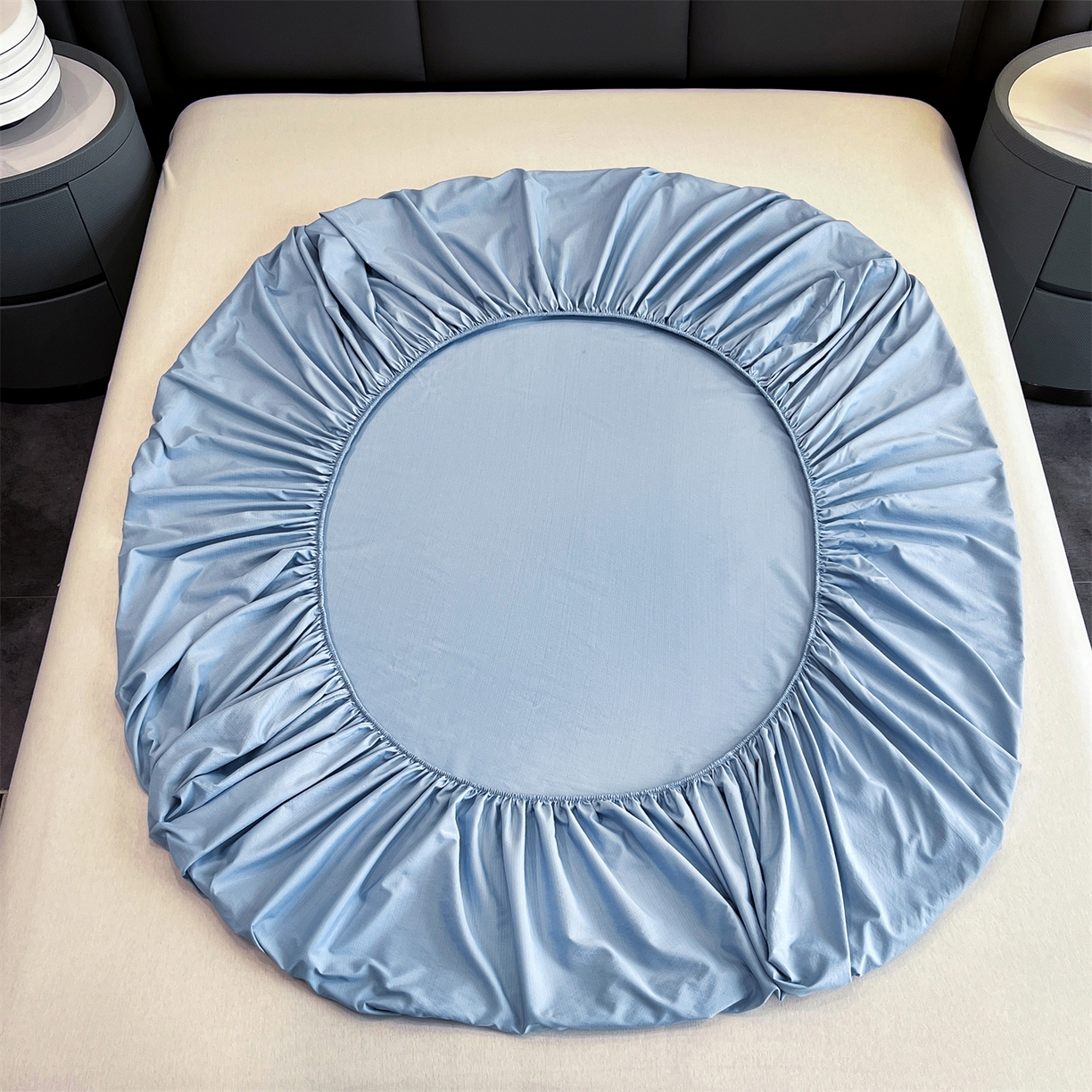 91家纺网 家纺一手货源 找家纺 慕木家纺 2026新款A类纯色印花慕丝棉床笠系列（抽空压缩可供跨境）（提供买家秀） 宾利蓝