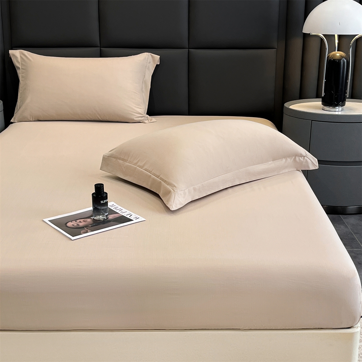 91家纺网 家纺一手货源 找家纺 慕木家纺 2026新款A类纯色印花慕丝棉床笠系列（抽空压缩可供跨境）（提供买家秀） 莫奈咖