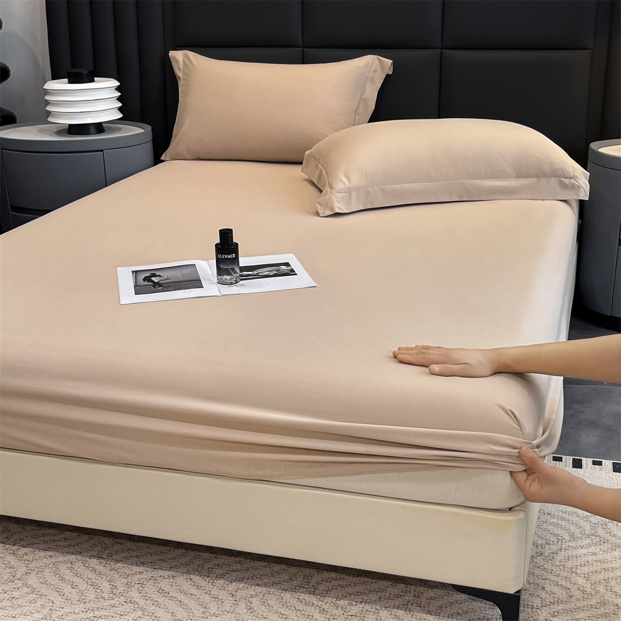 91家纺网 家纺一手货源 找家纺 慕木家纺 2026新款A类纯色印花慕丝棉床笠系列（抽空压缩可供跨境）（提供买家秀） 莫奈咖