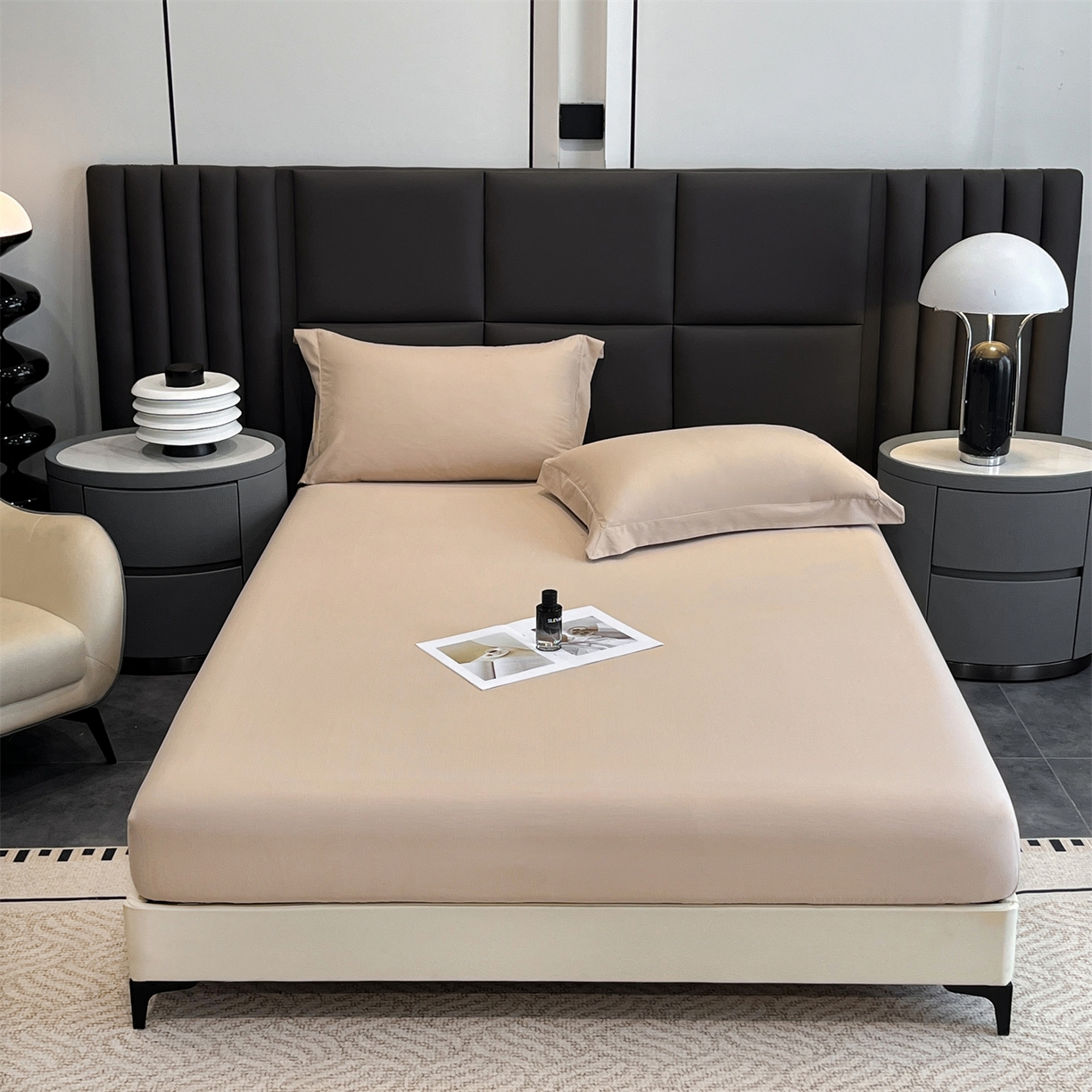 91家纺网 家纺一手货源 找家纺 慕木家纺 2026新款A类纯色印花慕丝棉床笠系列（抽空压缩可供跨境）（提供买家秀） 莫奈咖