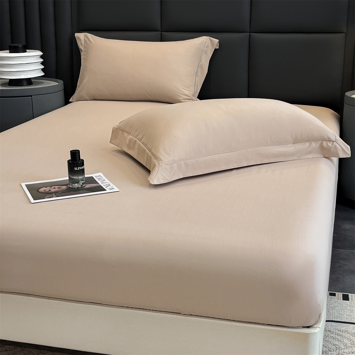 91家纺网 家纺一手货源 找家纺 慕木家纺 2026新款A类纯色印花慕丝棉床笠系列（抽空压缩可供跨境）（提供买家秀） 莫奈咖