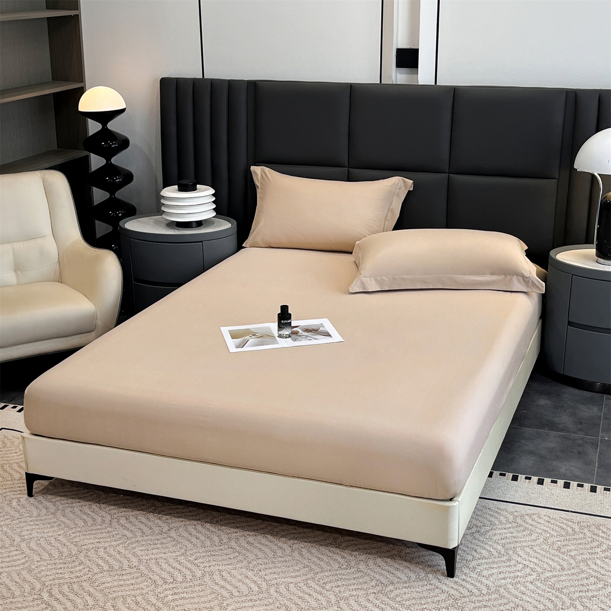 91家纺网 家纺一手货源 找家纺 慕木家纺 2026新款A类纯色印花慕丝棉床笠系列（抽空压缩可供跨境）（提供买家秀） 莫奈咖