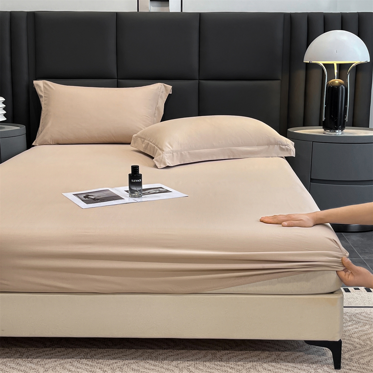 91家纺网 家纺一手货源 找家纺 慕木家纺 2026新款A类纯色印花慕丝棉床笠系列（抽空压缩可供跨境）（提供买家秀） 莫奈咖