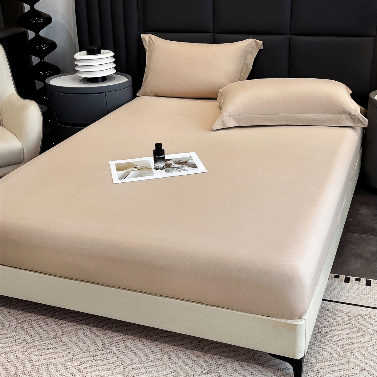 91家纺网 家纺一手货源 找家纺 慕木家纺 2026新款A类纯色印花慕丝棉床笠系列（抽空压缩可供跨境）（提供买家秀） 莫奈咖