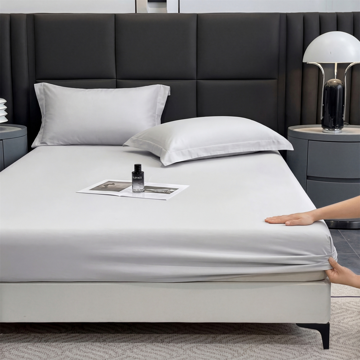 91家纺网 家纺一手货源 找家纺 慕木家纺 2026新款A类纯色印花慕丝棉床笠系列（抽空压缩可供跨境）（提供买家秀） 绅士灰