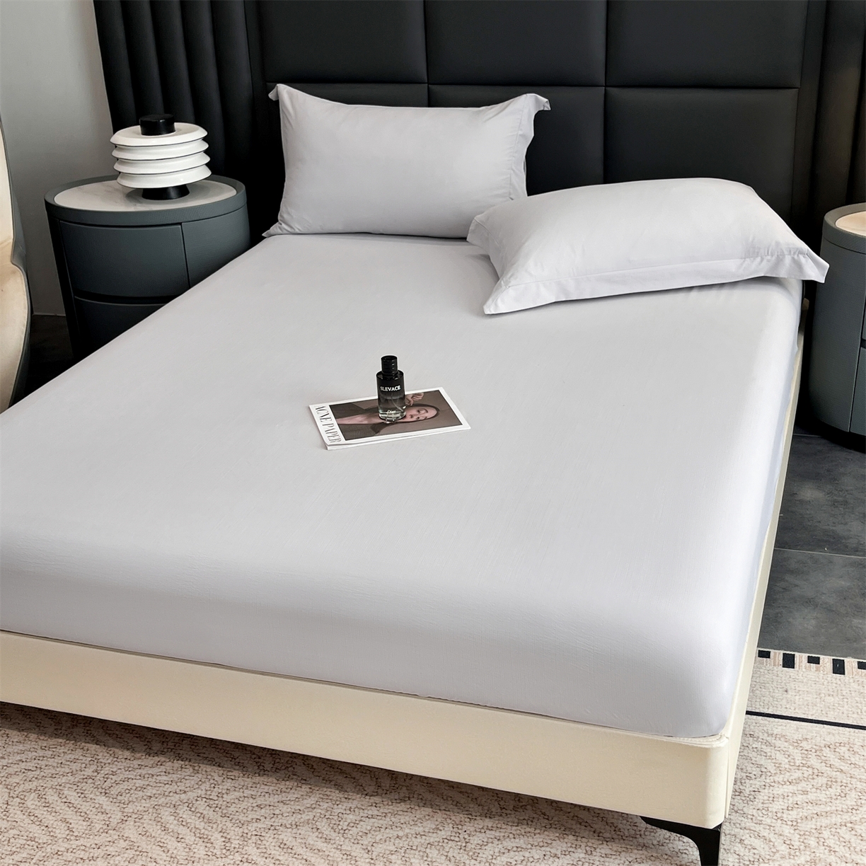 91家纺网 家纺一手货源 找家纺 慕木家纺 2026新款A类纯色印花慕丝棉床笠系列（抽空压缩可供跨境）（提供买家秀） 绅士灰