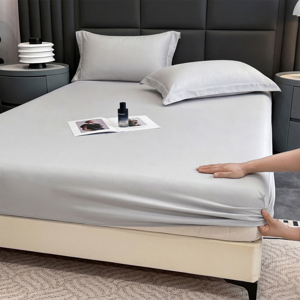 91家纺网 家纺一手货源 找家纺 慕木家纺 2026新款A类纯色印花慕丝棉床笠系列（抽空压缩可供跨境）（提供买家秀） 绅士灰