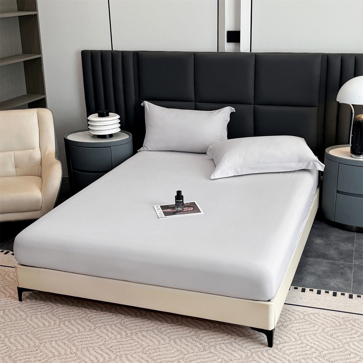 91家纺网 家纺一手货源 找家纺 慕木家纺 2026新款A类纯色印花慕丝棉床笠系列（抽空压缩可供跨境）（提供买家秀） 绅士灰