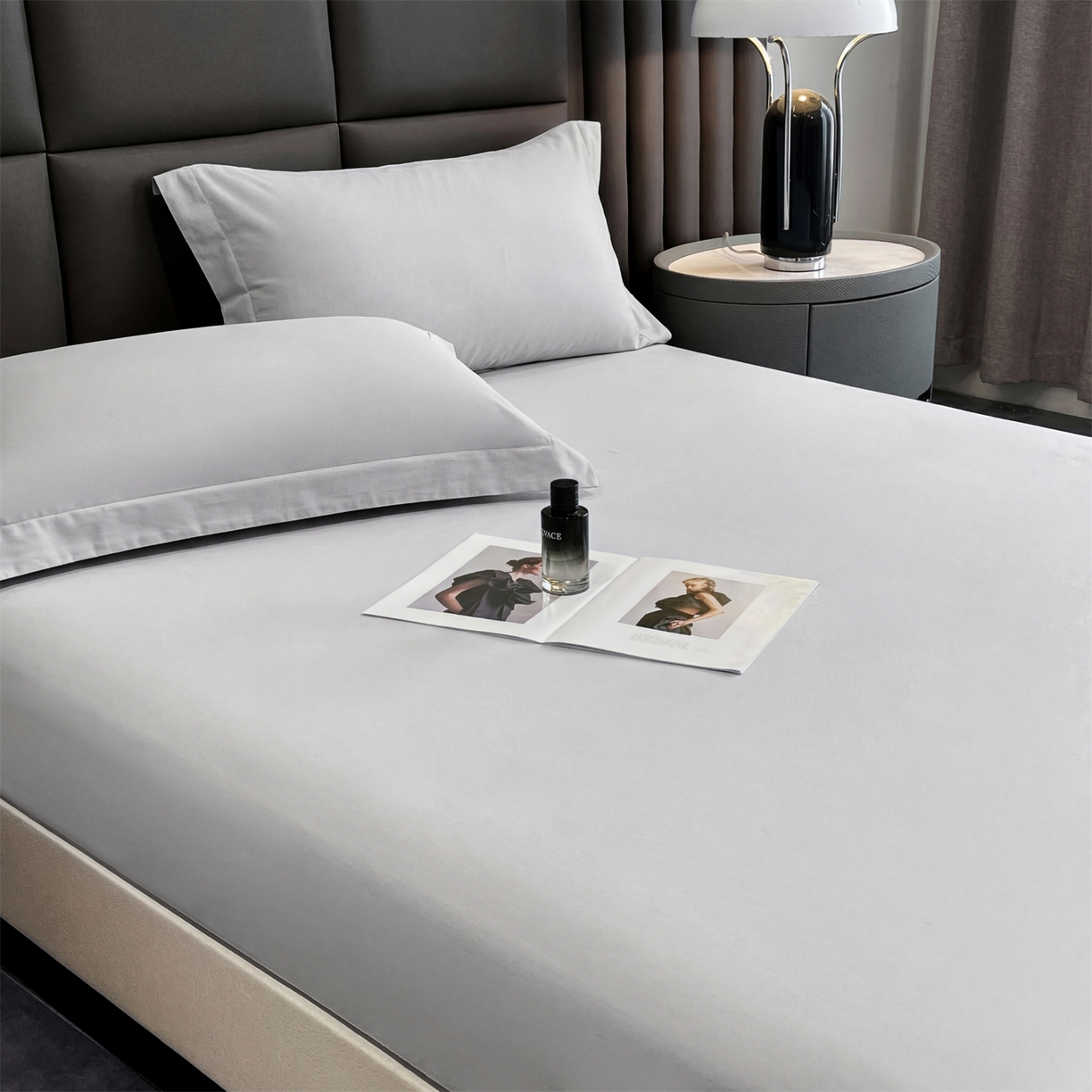 91家纺网 家纺一手货源 找家纺 慕木家纺 2026新款A类纯色印花慕丝棉床笠系列（抽空压缩可供跨境）（提供买家秀） 绅士灰