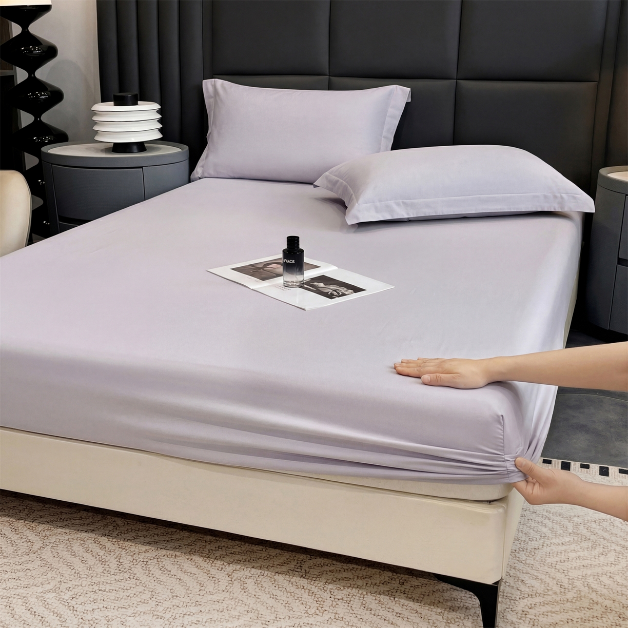 91家纺网 家纺一手货源 找家纺 慕木家纺 2026新款A类纯色印花慕丝棉床笠系列（抽空压缩可供跨境）（提供买家秀） 黛紫