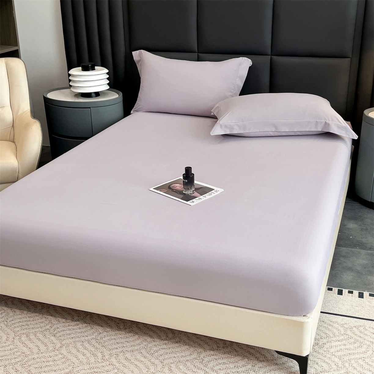 91家纺网 家纺一手货源 找家纺 慕木家纺 2026新款A类纯色印花慕丝棉床笠系列（抽空压缩可供跨境）（提供买家秀） 黛紫