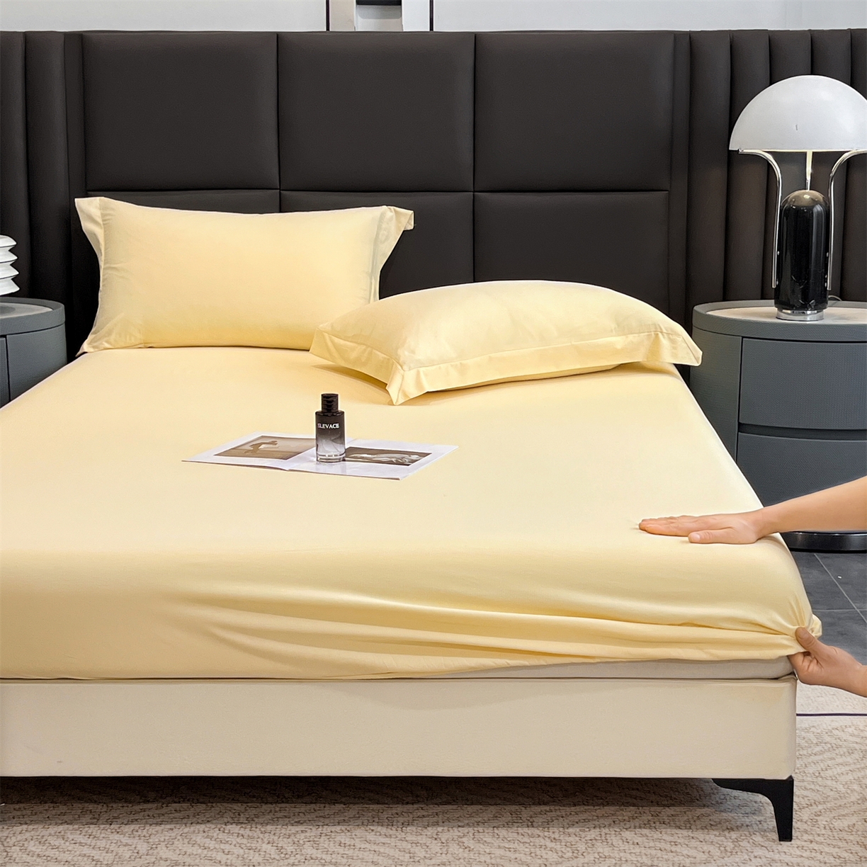 91家纺网 家纺一手货源 找家纺 慕木家纺 2026新款A类纯色印花慕丝棉床笠系列（抽空压缩可供跨境）（提供买家秀） 奶油黄