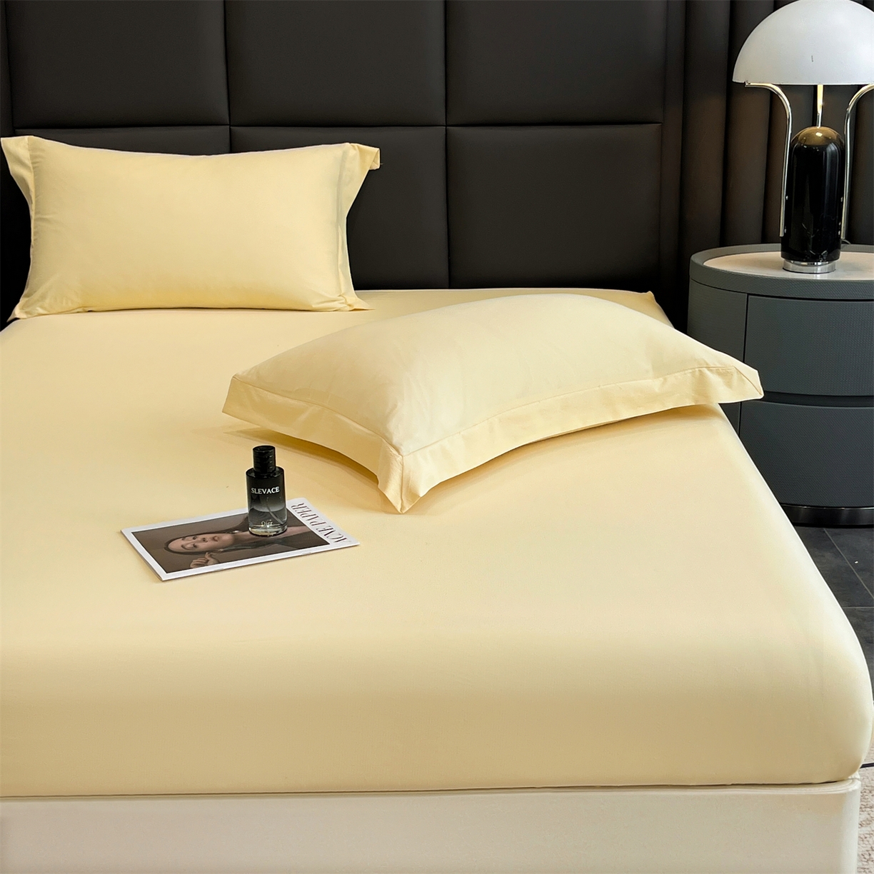 91家纺网 家纺一手货源 找家纺 慕木家纺 2026新款A类纯色印花慕丝棉床笠系列（抽空压缩可供跨境）（提供买家秀） 奶油黄