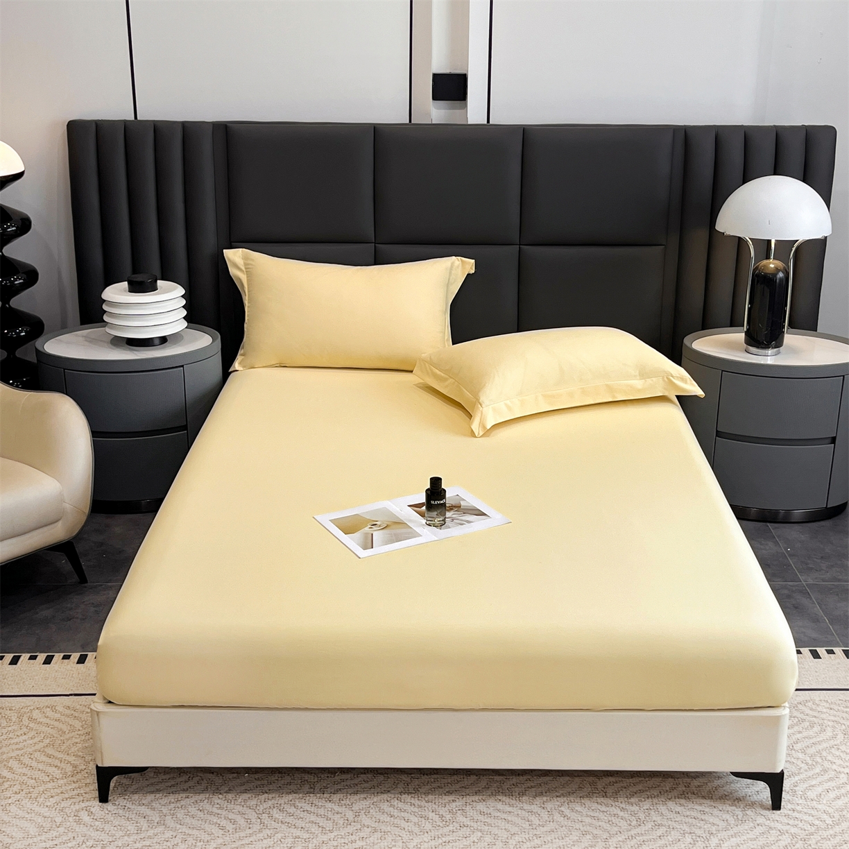 91家纺网 家纺一手货源 找家纺 慕木家纺 2026新款A类纯色印花慕丝棉床笠系列（抽空压缩可供跨境）（提供买家秀） 奶油黄