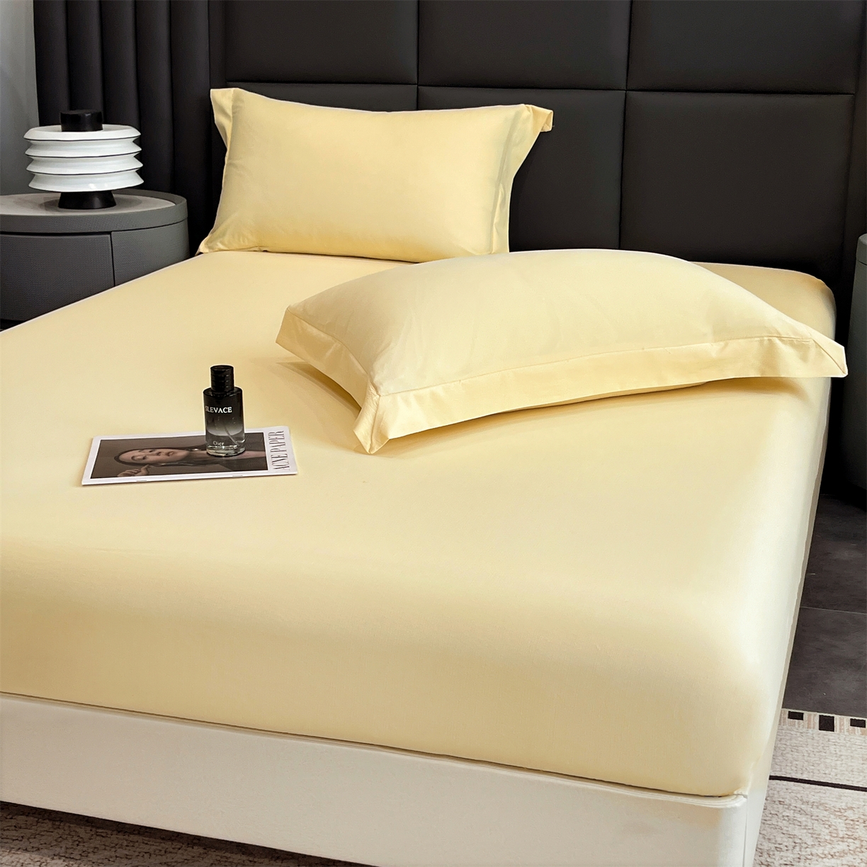 91家纺网 家纺一手货源 找家纺 慕木家纺 2026新款A类纯色印花慕丝棉床笠系列（抽空压缩可供跨境）（提供买家秀） 奶油黄