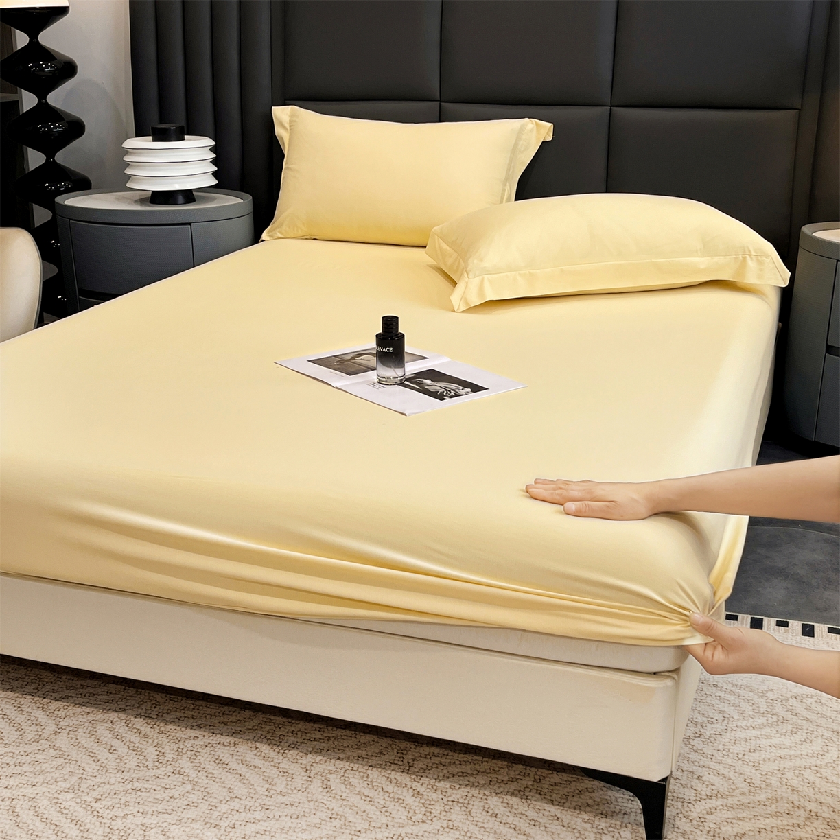 91家纺网 家纺一手货源 找家纺 慕木家纺 2026新款A类纯色印花慕丝棉床笠系列（抽空压缩可供跨境）（提供买家秀） 奶油黄