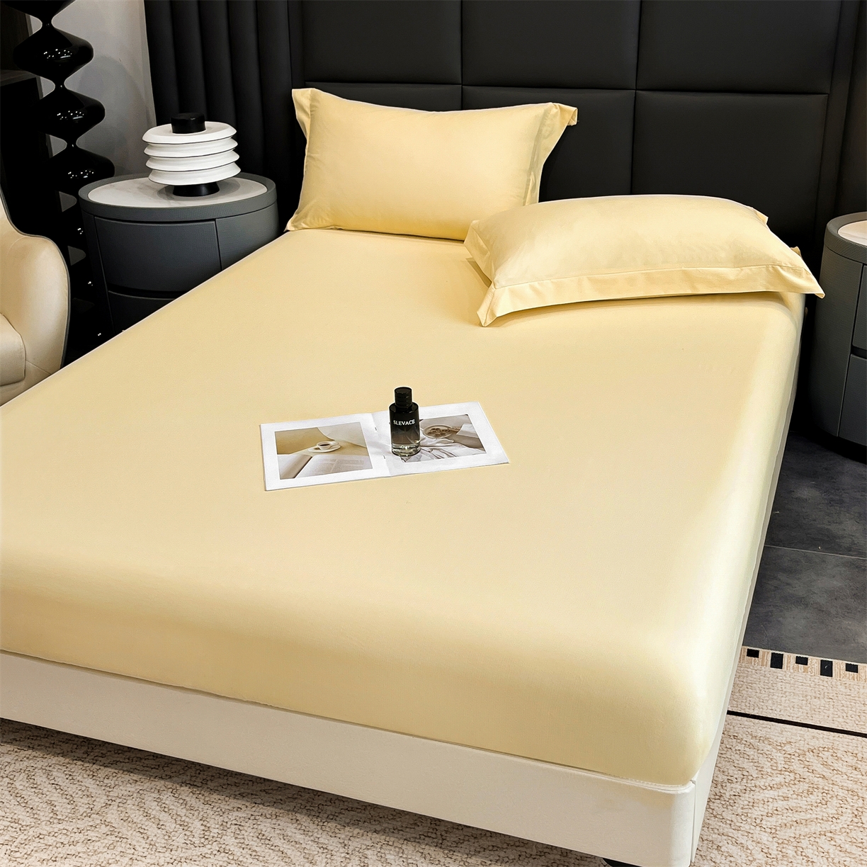 91家纺网 家纺一手货源 找家纺 慕木家纺 2026新款A类纯色印花慕丝棉床笠系列（抽空压缩可供跨境）（提供买家秀） 奶油黄