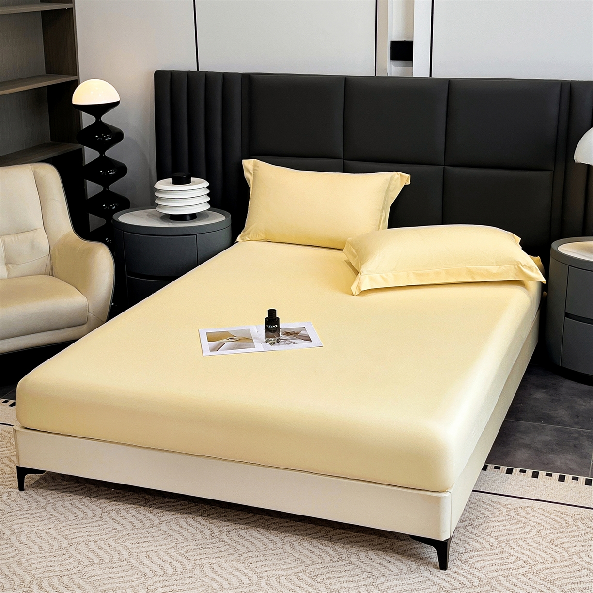 91家纺网 家纺一手货源 找家纺 慕木家纺 2026新款A类纯色印花慕丝棉床笠系列（抽空压缩可供跨境）（提供买家秀） 奶油黄