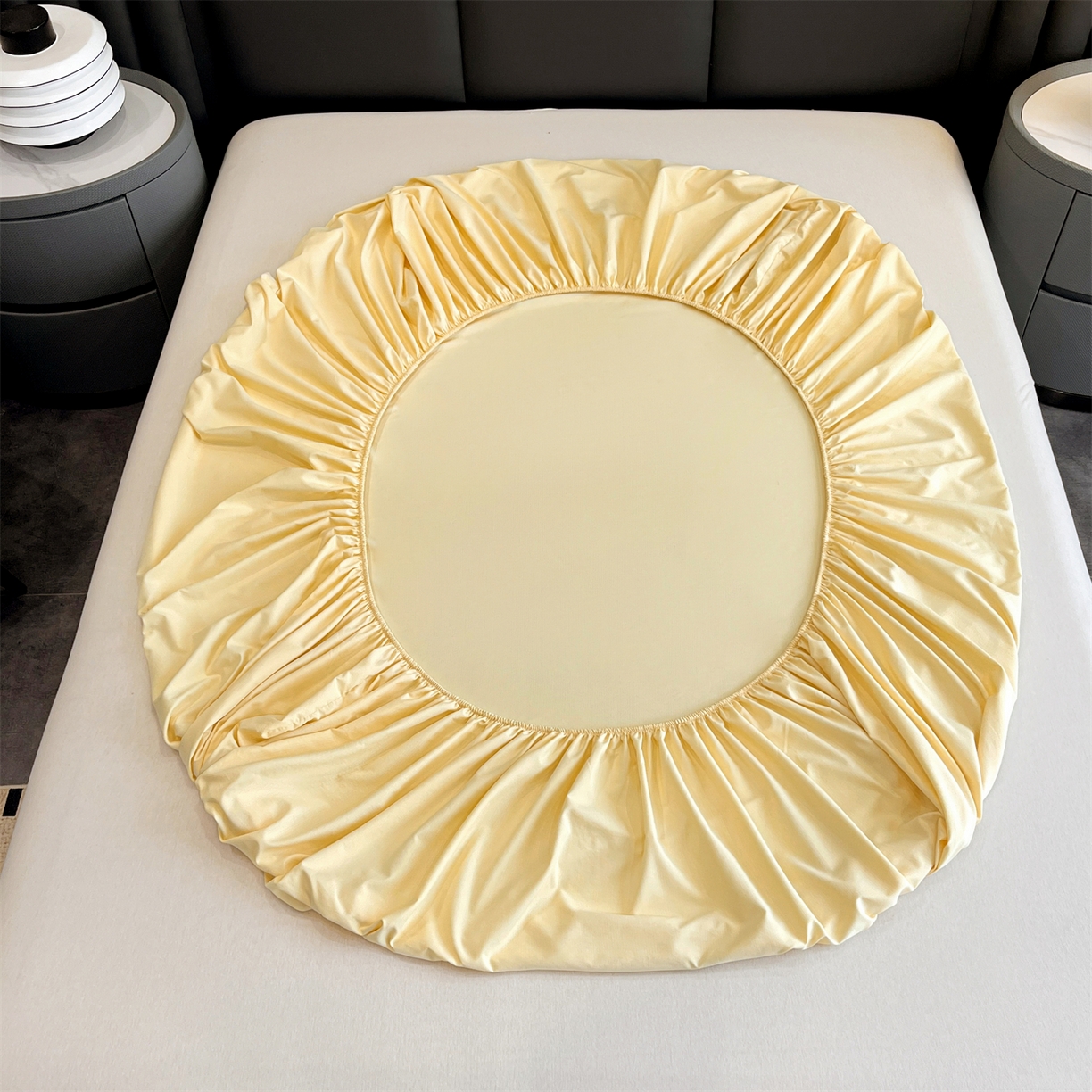 91家纺网 家纺一手货源 找家纺 慕木家纺 2026新款A类纯色印花慕丝棉床笠系列（抽空压缩可供跨境）（提供买家秀） 奶油黄