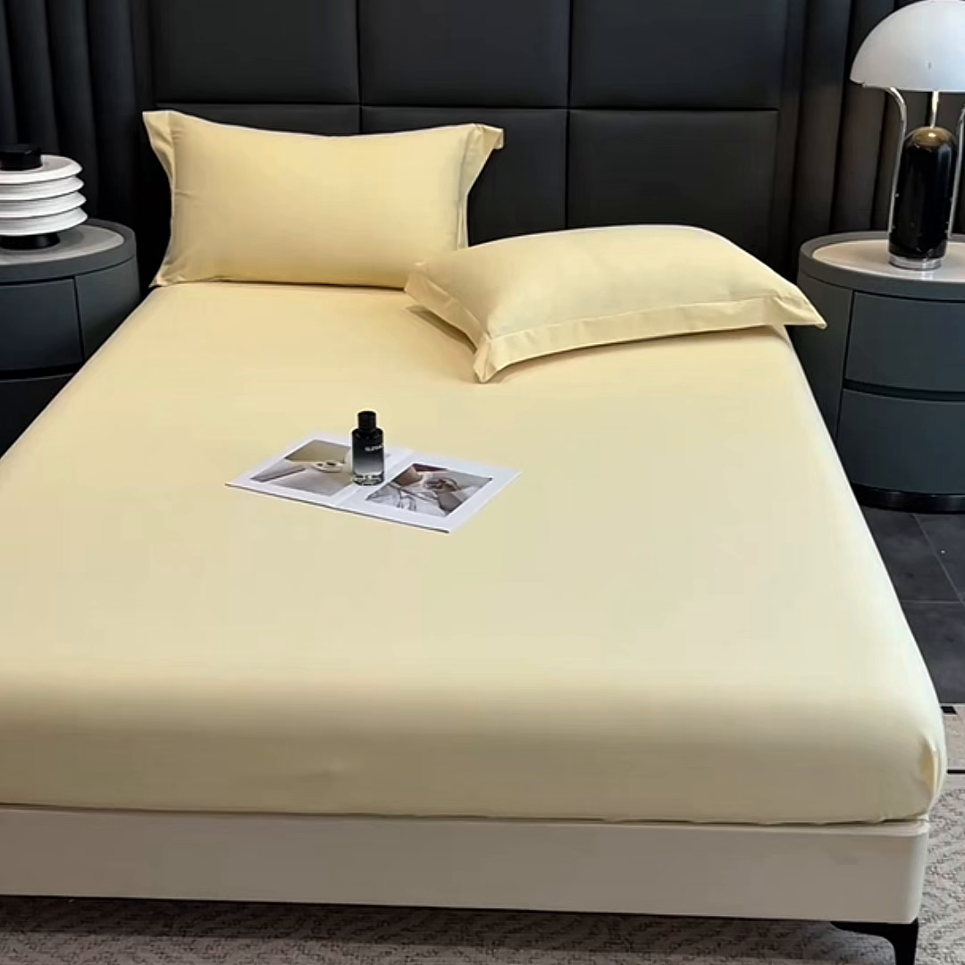 91家纺网 家纺一手货源 找家纺 慕木家纺 2026新款A类纯色印花慕丝棉床笠系列（抽空压缩可供跨境）（提供买家秀） 奶油黄