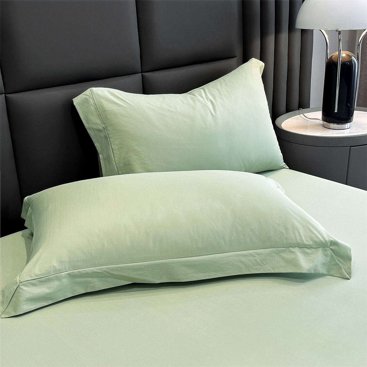 91家纺网 家纺一手货源 找家纺 慕木家纺 2026新款A类纯色印花慕丝棉床笠系列（抽空压缩可供跨境）（提供买家秀） 抹茶绿