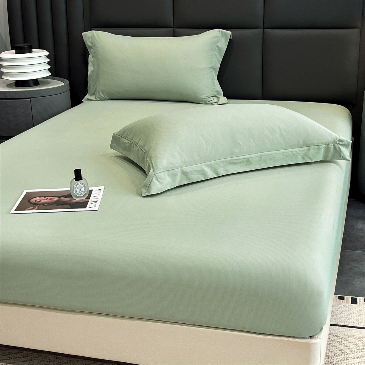 91家纺网 家纺一手货源 找家纺 慕木家纺 2026新款A类纯色印花慕丝棉床笠系列（抽空压缩可供跨境）（提供买家秀） 抹茶绿