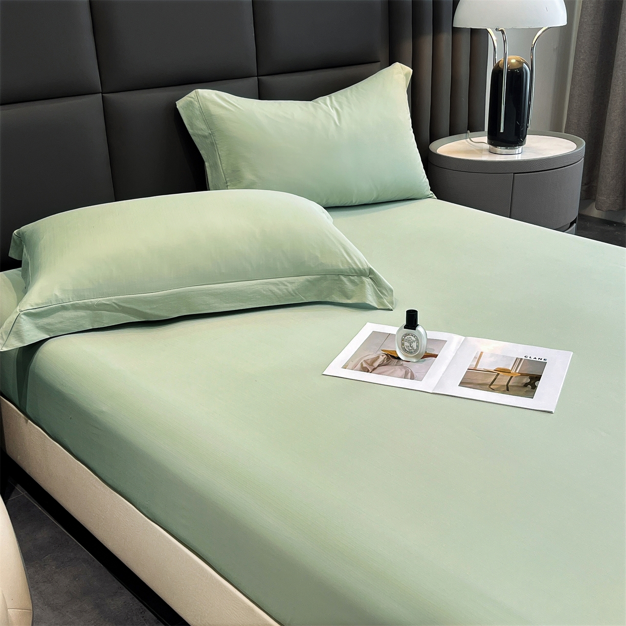 91家纺网 家纺一手货源 找家纺 慕木家纺 2026新款A类纯色印花慕丝棉床笠系列（抽空压缩可供跨境）（提供买家秀） 抹茶绿