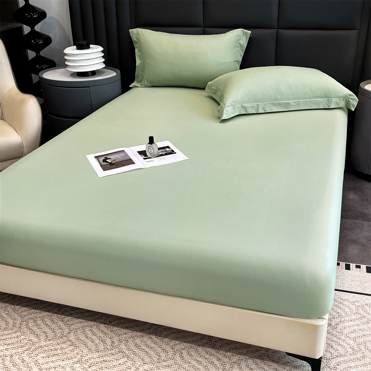 91家纺网 家纺一手货源 找家纺 慕木家纺 2026新款A类纯色印花慕丝棉床笠系列（抽空压缩可供跨境）（提供买家秀） 抹茶绿