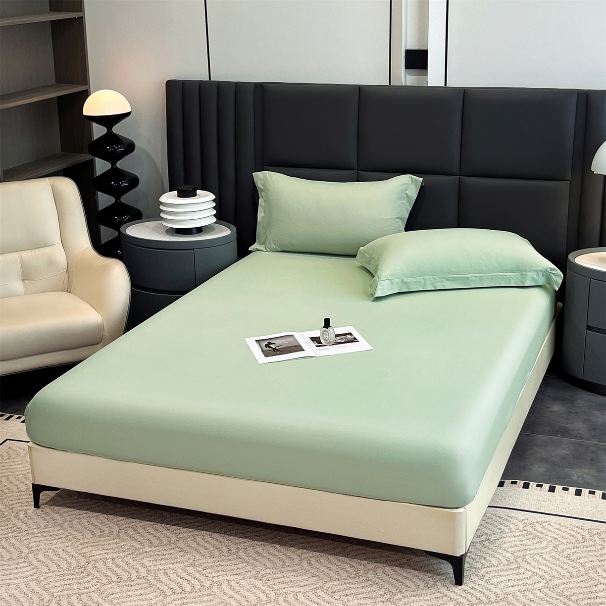 91家纺网 家纺一手货源 找家纺 慕木家纺 2026新款A类纯色印花慕丝棉床笠系列（抽空压缩可供跨境）（提供买家秀） 抹茶绿