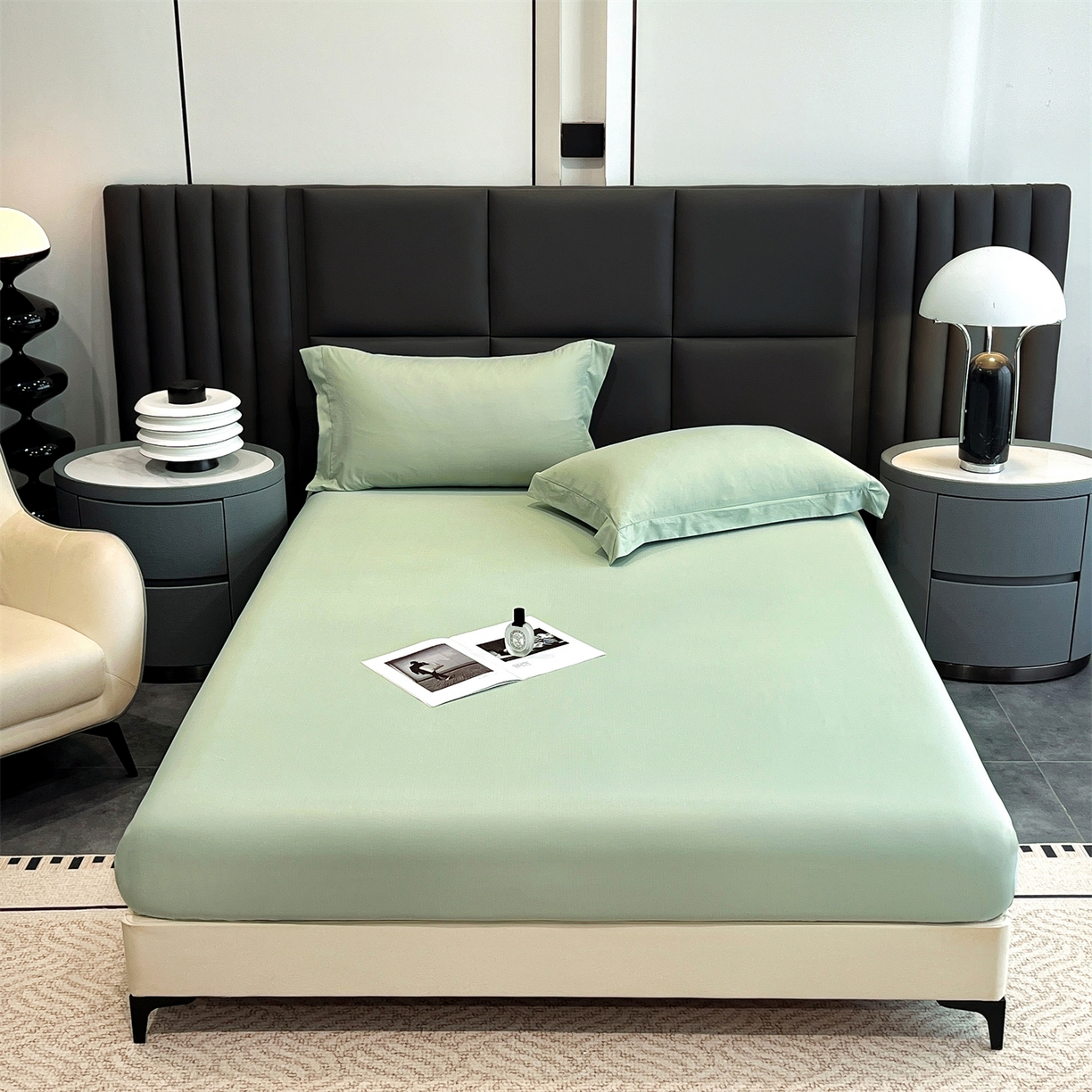 91家纺网 家纺一手货源 找家纺 慕木家纺 2026新款A类纯色印花慕丝棉床笠系列（抽空压缩可供跨境）（提供买家秀） 抹茶绿