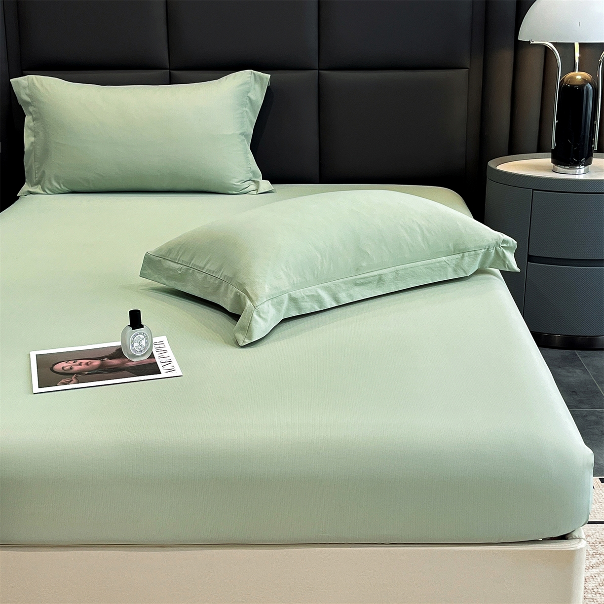 91家纺网 家纺一手货源 找家纺 慕木家纺 2026新款A类纯色印花慕丝棉床笠系列（抽空压缩可供跨境）（提供买家秀） 抹茶绿