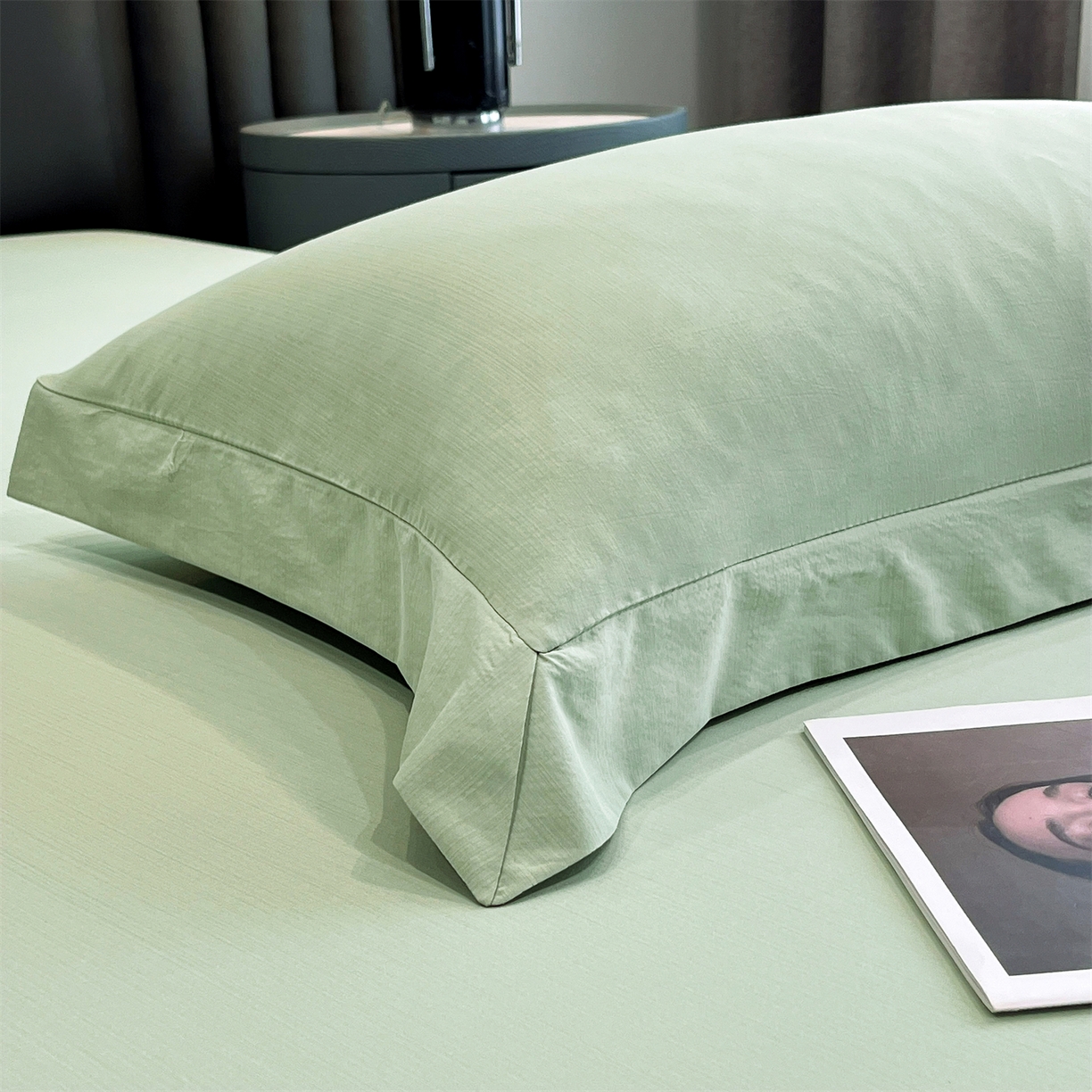 91家纺网 家纺一手货源 找家纺 慕木家纺 2026新款A类纯色印花慕丝棉床笠系列（抽空压缩可供跨境）（提供买家秀） 抹茶绿