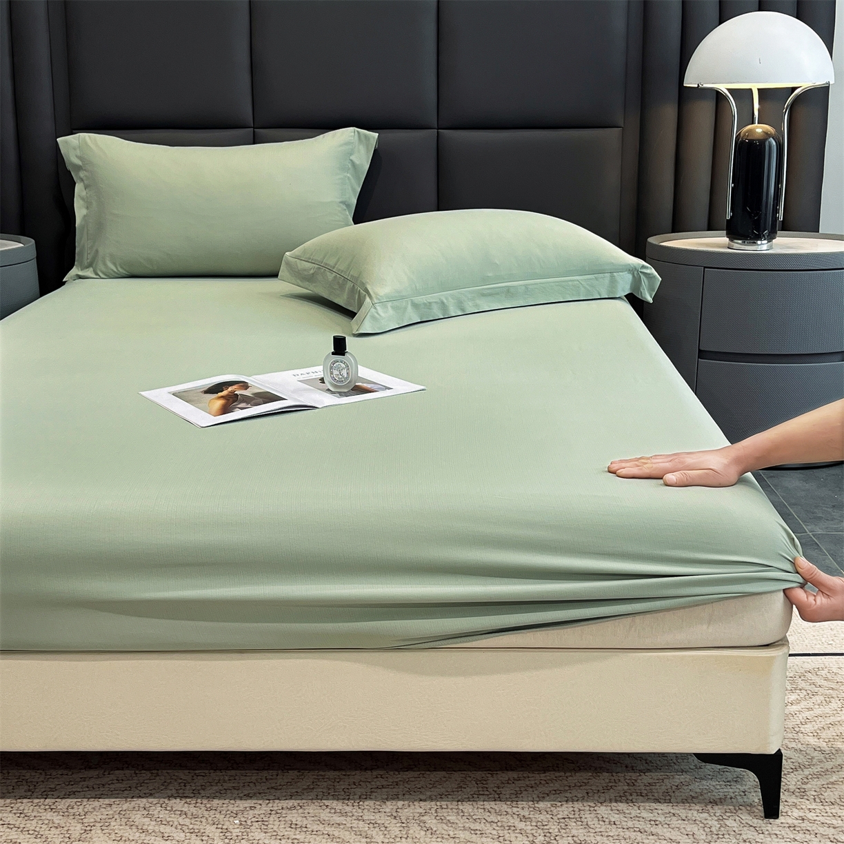 91家纺网 家纺一手货源 找家纺 慕木家纺 2026新款A类纯色印花慕丝棉床笠系列（抽空压缩可供跨境）（提供买家秀） 抹茶绿