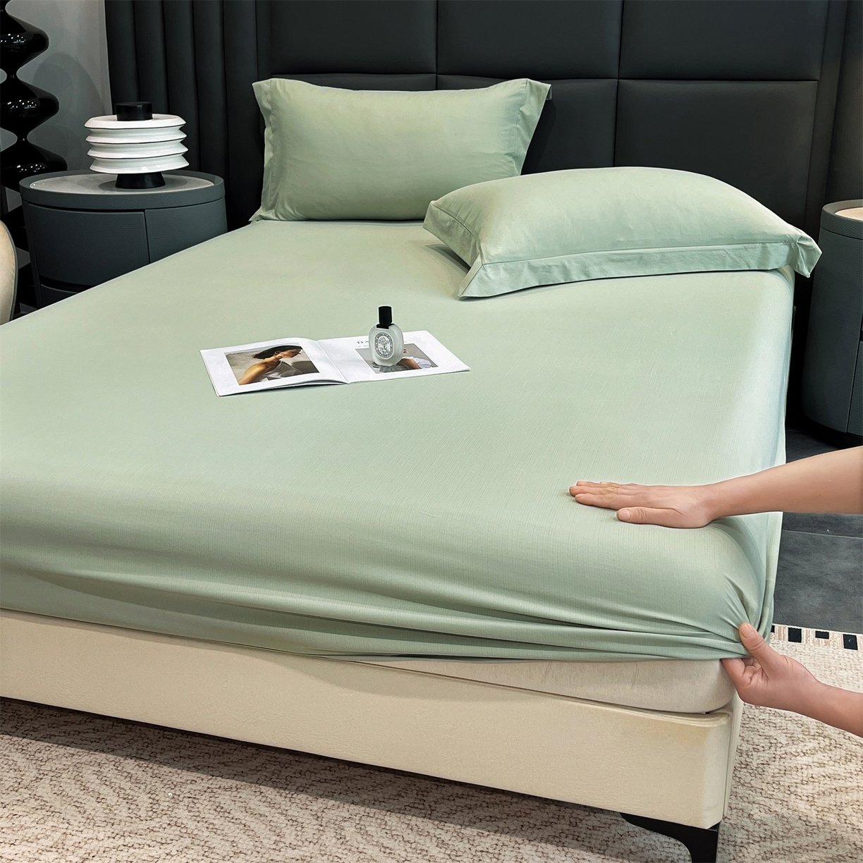 91家纺网 家纺一手货源 找家纺 慕木家纺 2026新款A类纯色印花慕丝棉床笠系列（抽空压缩可供跨境）（提供买家秀） 抹茶绿