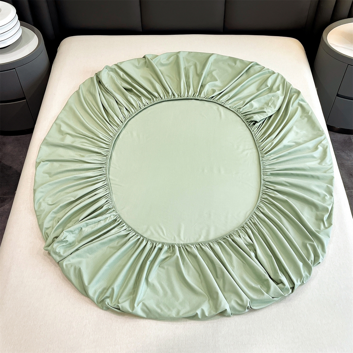 91家纺网 家纺一手货源 找家纺 慕木家纺 2026新款A类纯色印花慕丝棉床笠系列（抽空压缩可供跨境）（提供买家秀） 抹茶绿