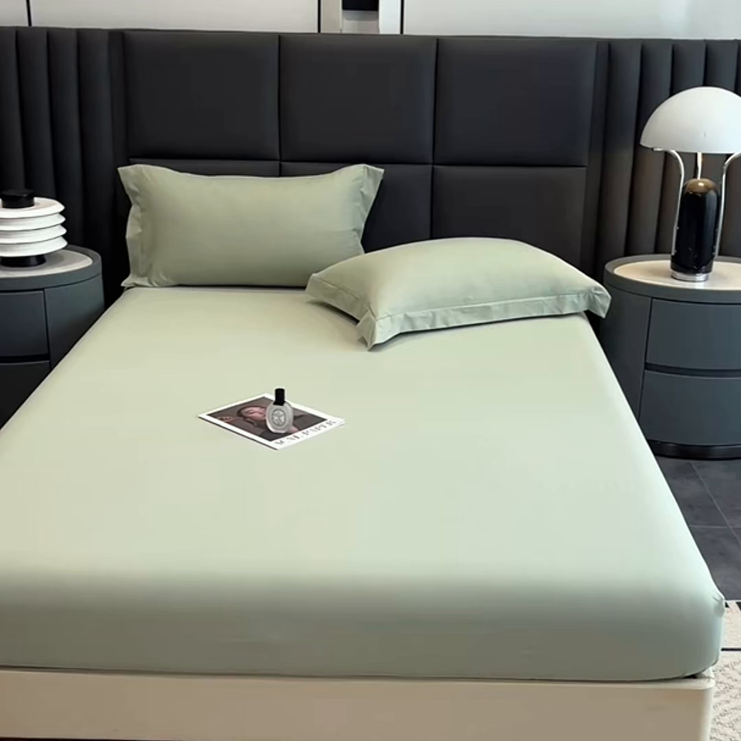 91家纺网 家纺一手货源 找家纺 慕木家纺 2026新款A类纯色印花慕丝棉床笠系列（抽空压缩可供跨境）（提供买家秀） 抹茶绿