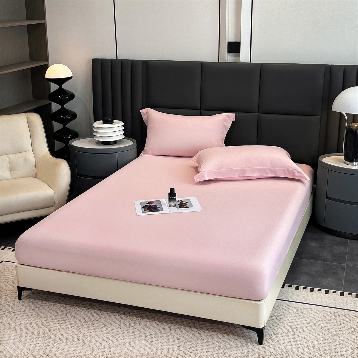 91家纺网 家纺一手货源 找家纺 慕木家纺 2026新款A类纯色印花慕丝棉床笠系列（抽空压缩可供跨境）（提供买家秀） 少女粉