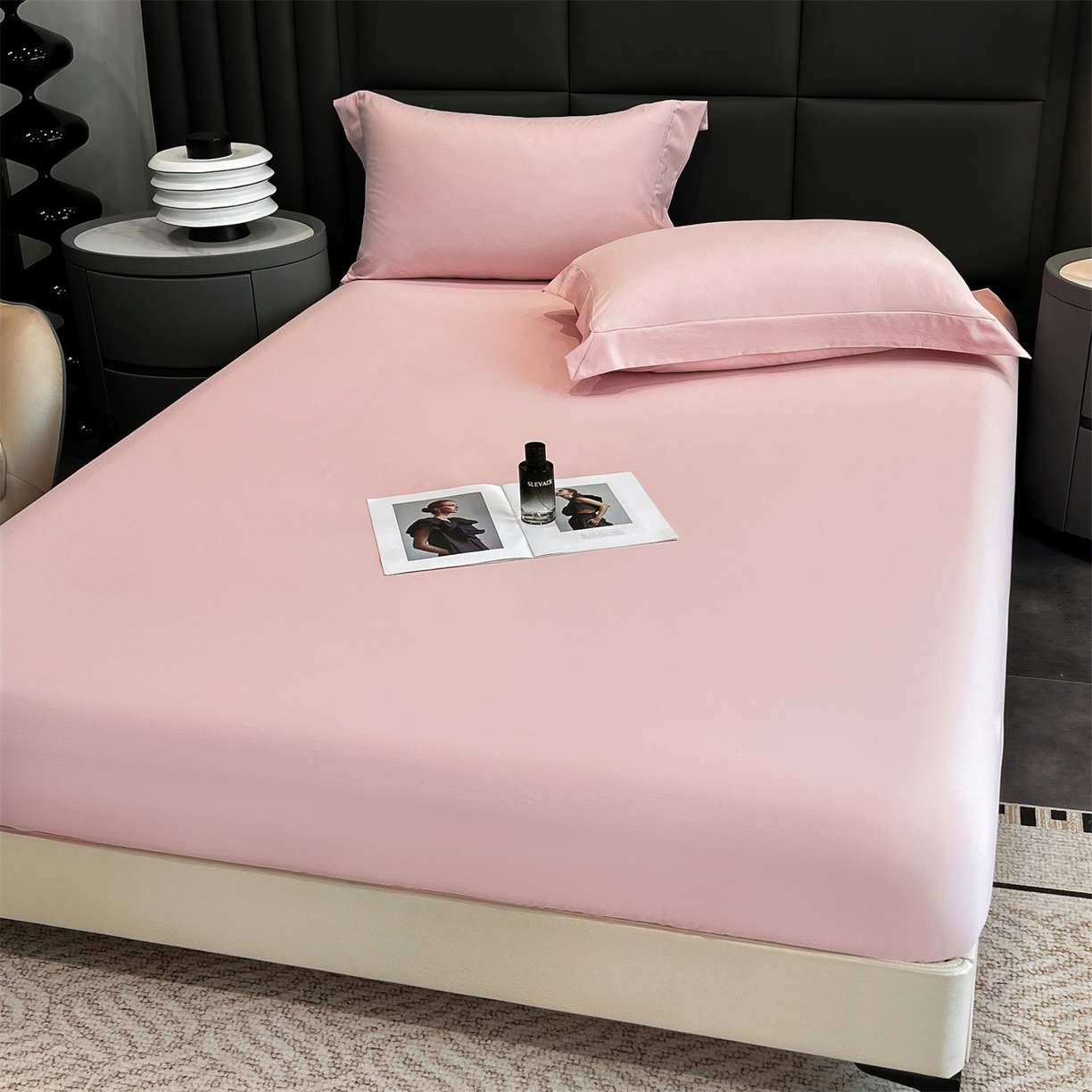 91家纺网 家纺一手货源 找家纺 慕木家纺 2026新款A类纯色印花慕丝棉床笠系列（抽空压缩可供跨境）（提供买家秀） 少女粉