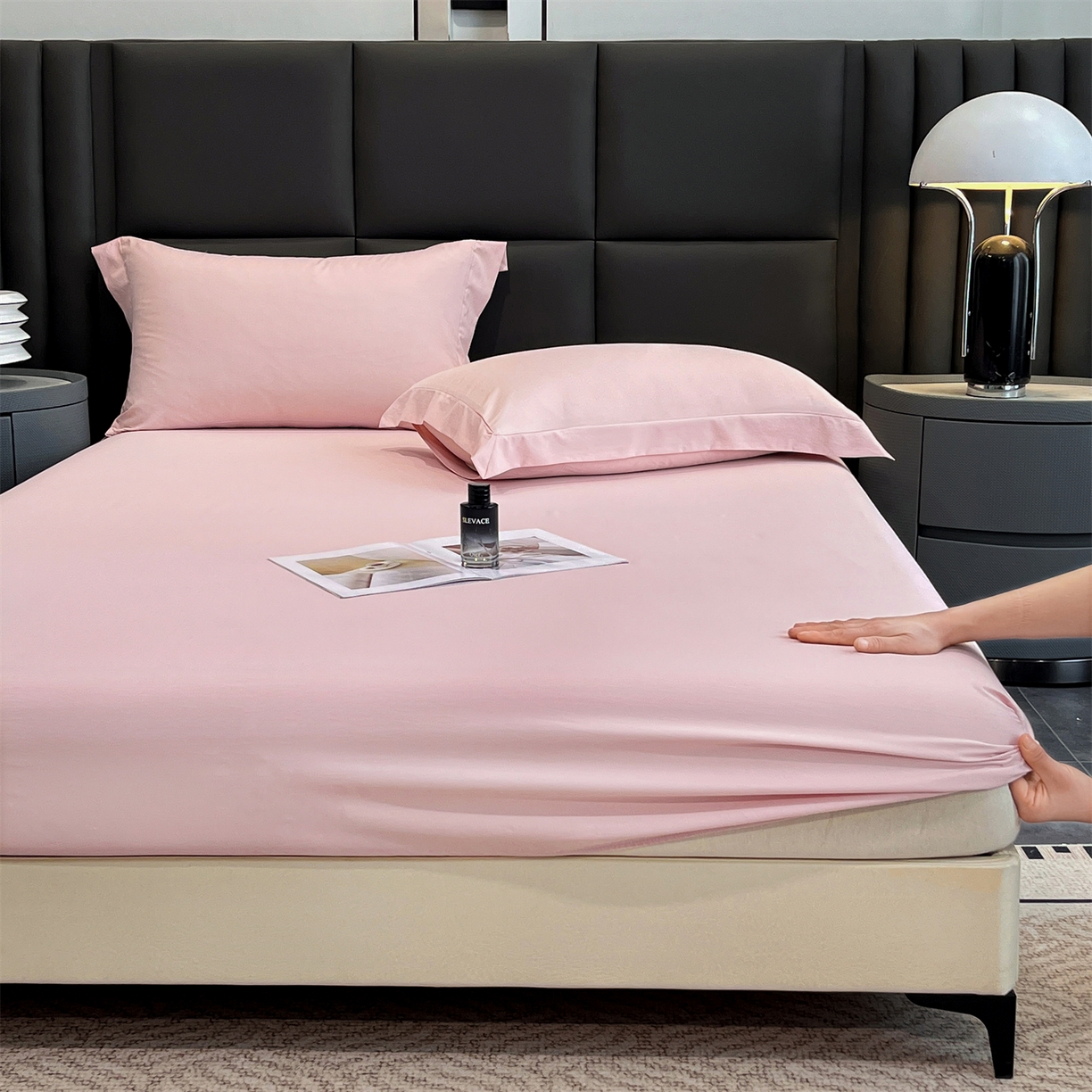 91家纺网 家纺一手货源 找家纺 慕木家纺 2026新款A类纯色印花慕丝棉床笠系列（抽空压缩可供跨境）（提供买家秀） 少女粉