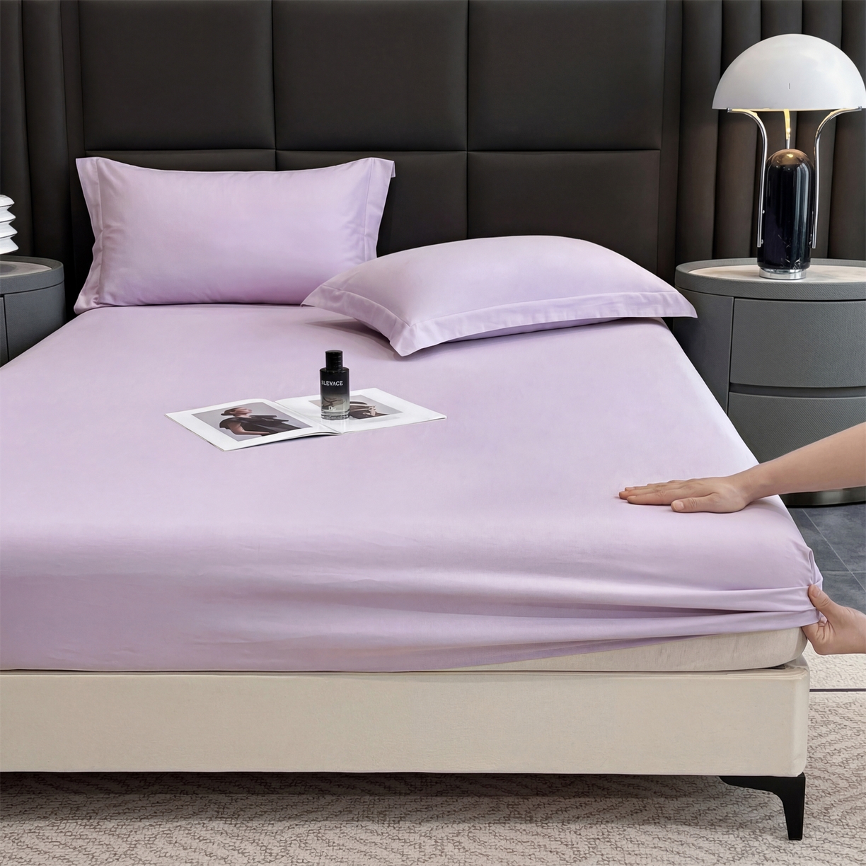 91家纺网 家纺一手货源 找家纺 慕木家纺 2026新款A类纯色印花慕丝棉床笠系列（抽空压缩可供跨境）（提供买家秀） 香薰紫