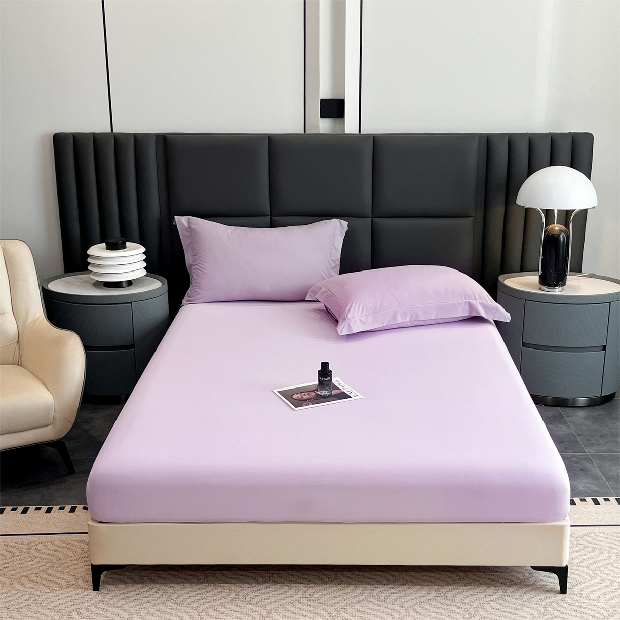 91家纺网 家纺一手货源 找家纺 慕木家纺 2026新款A类纯色印花慕丝棉床笠系列（抽空压缩可供跨境）（提供买家秀） 香薰紫