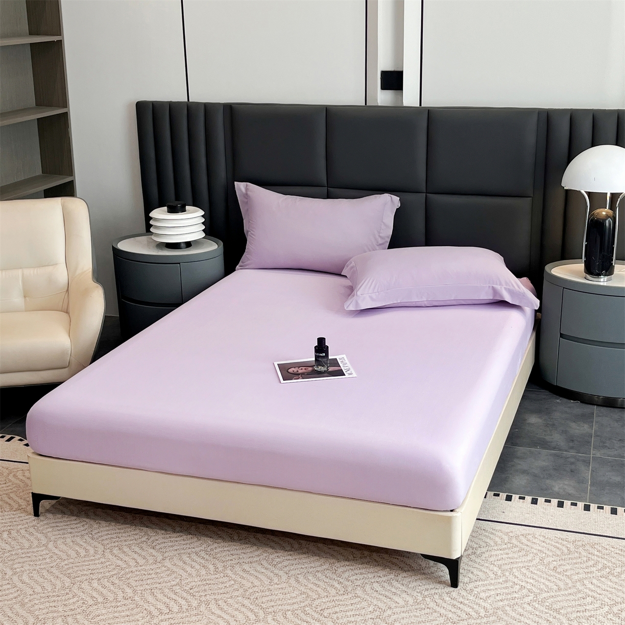 91家纺网 家纺一手货源 找家纺 慕木家纺 2026新款A类纯色印花慕丝棉床笠系列（抽空压缩可供跨境）（提供买家秀） 香薰紫